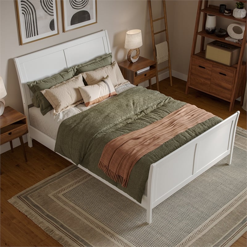 Pemberly Row Full Sleigh Low Profile Platform Bed with Footboard in White