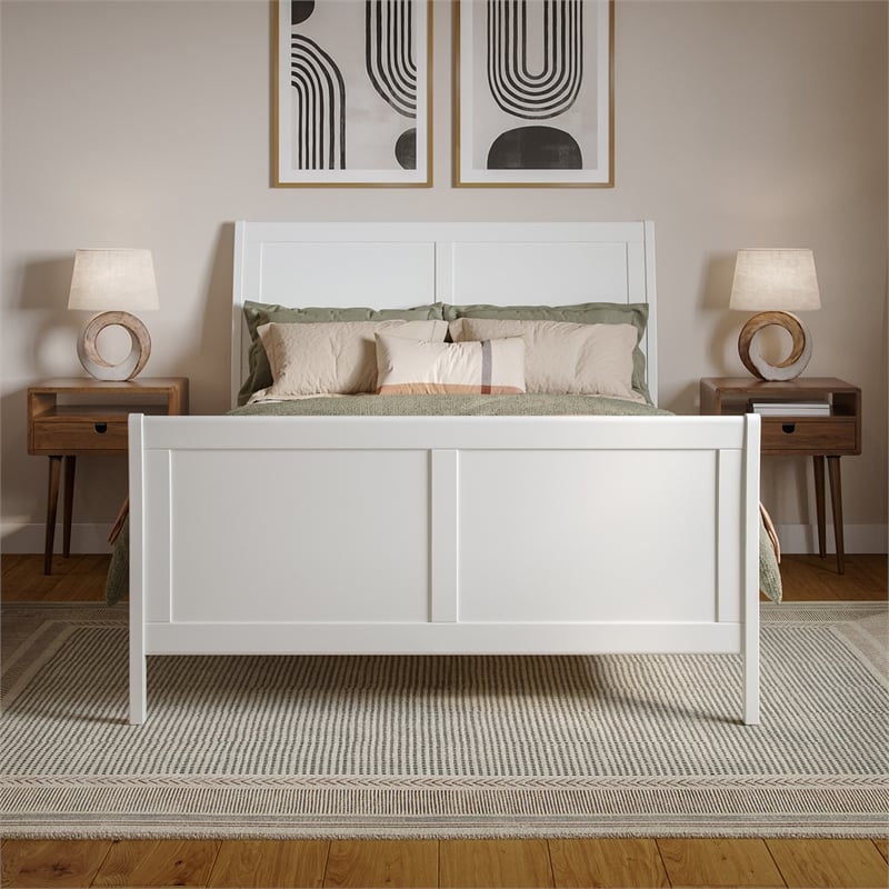 Pemberly Row Full Sleigh Low Profile Platform Bed with Footboard in White
