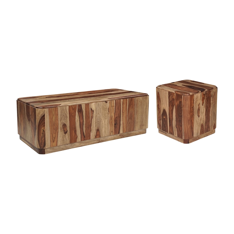 Pemberly Row Solid Wood Block Coffee Table with Plinth Base in Light Brown
