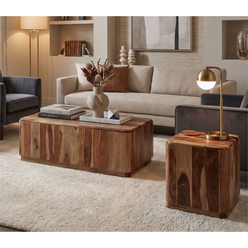 Pemberly Row Solid Wood Block Coffee Table with Plinth Base in Light Brown