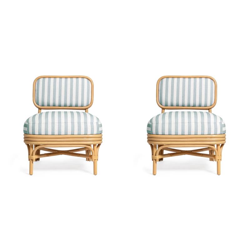 Pemberly Row Set of 2 Mint Green Striped Accent Chairs with Rattan Frames