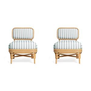 Pemberly Row Set of 2 Mint Green Striped Accent Chairs with Rattan Frames
