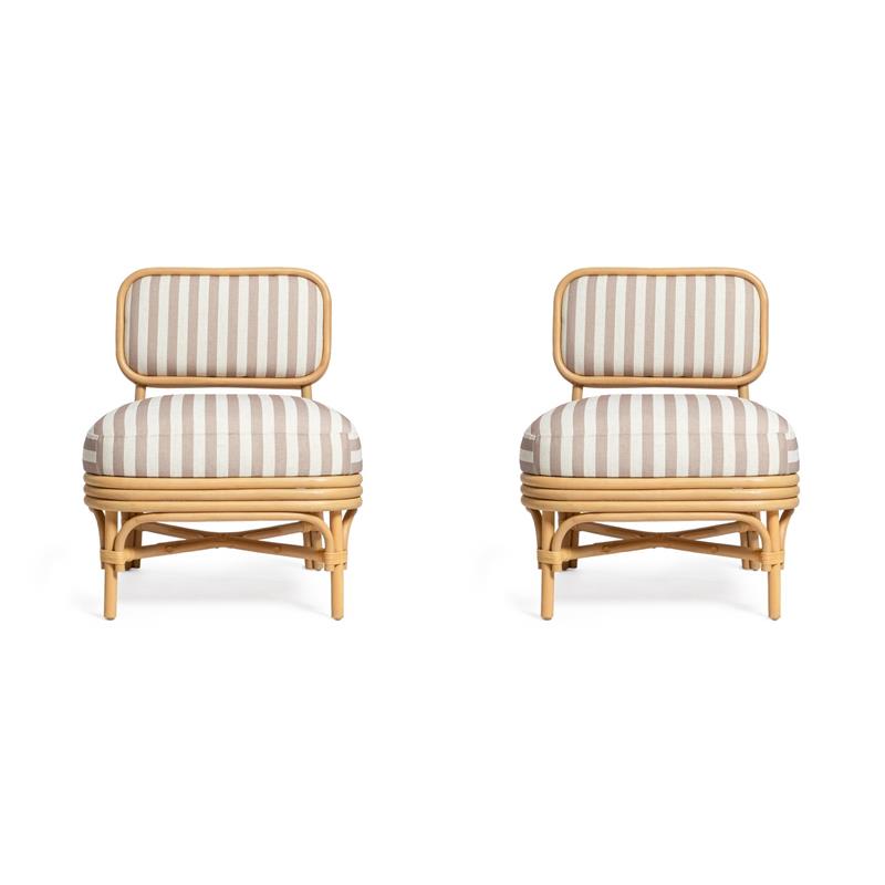 Pemberly Row Set of 2 Khaki Striped Rattan Accent Chairs in Retro Style