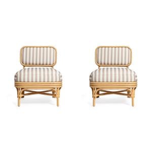 Pemberly Row Set of 2 Khaki Striped Rattan Accent Chairs in Retro Style