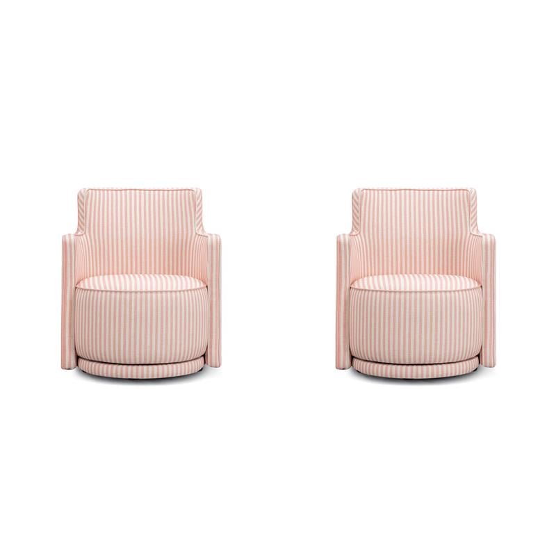 Pemberly Row Set of 2 Contemporary Pink Striped Linen Swivel Accent Chairs