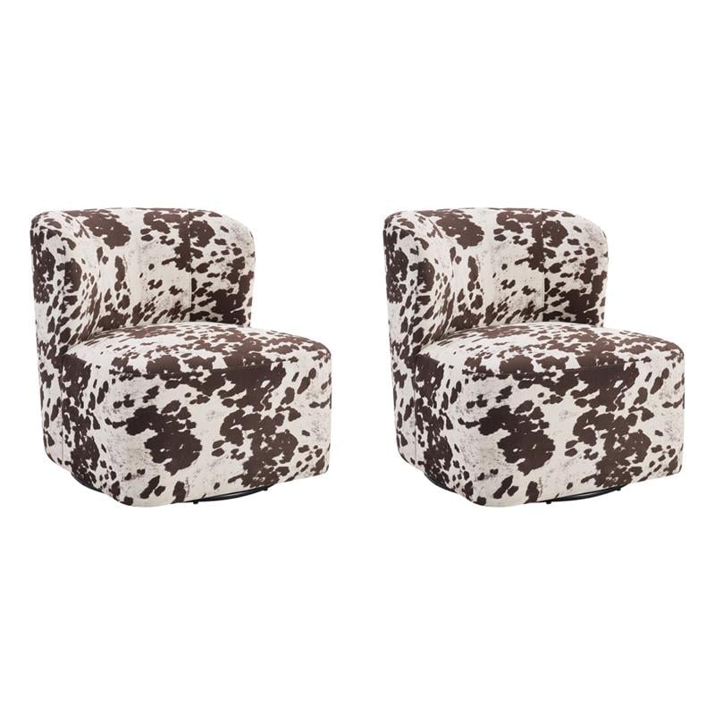Pemberly Row Set of 2 Modern Accent Chairs in Brown Cow Fabric