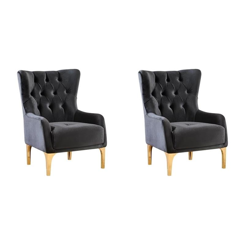 Pemberly Row Set of 2 Modern Black Tufted Accent Chairs with Gold Legs