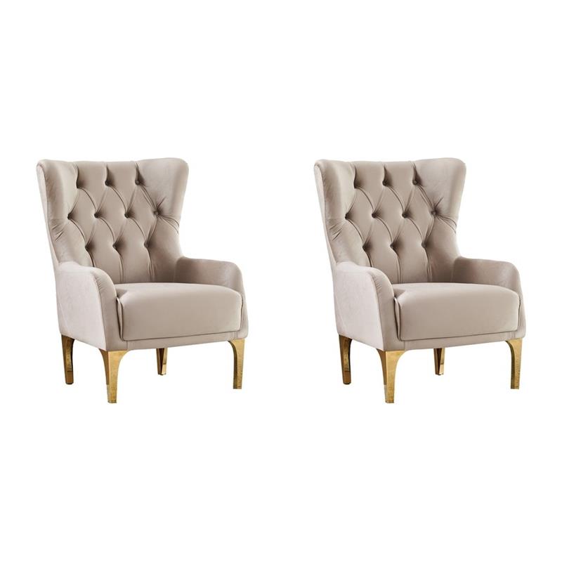 Pemberly Row Set of 2 Modern Taupe Microfiber Accent Chairs with Gold Legs
