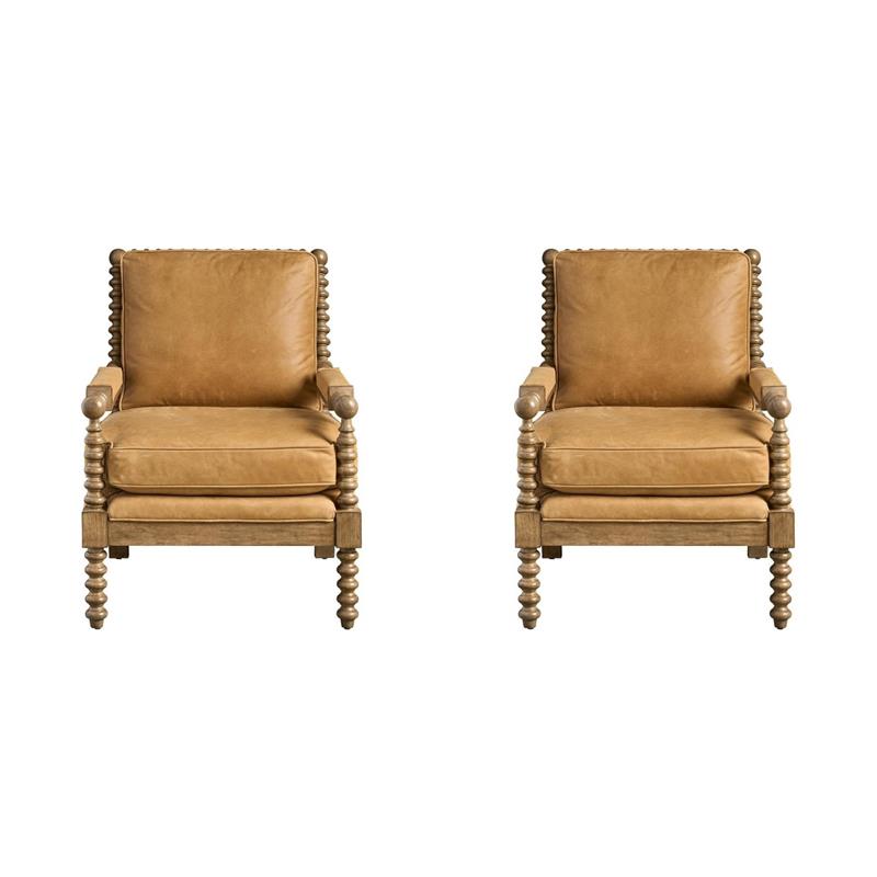 Pemberly Row Set of 2 Traditional Carved Brown Leather Accent Chairs