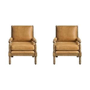 Pemberly Row Set of 2 Traditional Carved Brown Leather Accent Chairs