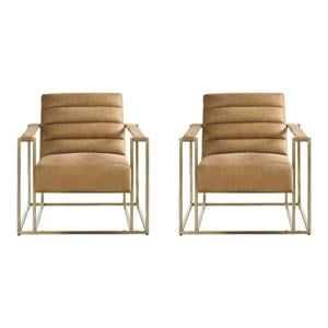 Pemberly Row Set of 2 Modern Tan Leather Accent Chairs with Angular Frames