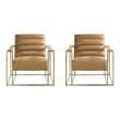 Pemberly Row Set of 2 Modern Tan Leather Accent Chairs with Angular Frames