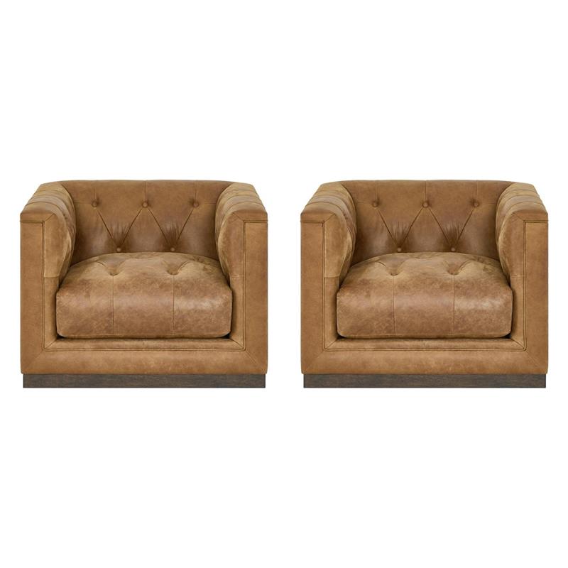 Pemberly Row Set of 2 Modern Brown Leather Button-Tufted Swivel Chairs