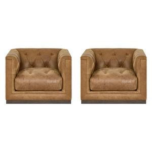 Pemberly Row Set of 2 Modern Brown Leather Button-Tufted Swivel Chairs