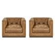Pemberly Row Set of 2 Modern Brown Leather Button-Tufted Swivel Chairs