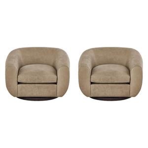 Pemberly Row Set of 2 Toffee Brown Leather Swivel Chairs with Oak Bases