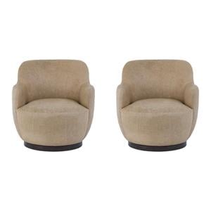 Pemberly Row Set of 2 Sculptural Tan Leather Swivel Chairs with Sable Bases