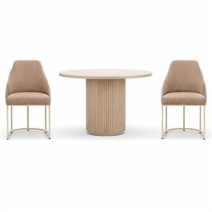 Pemberly Row Set of 3 Round Oak Dining Table and 2 Tan Vegan Leather Chairs