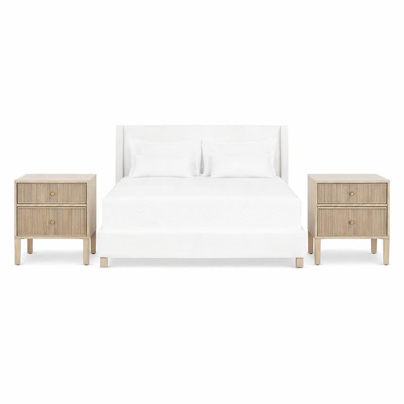 Pemberly Row Set of 3 White Wingback Queen Bed and 2 Fluted Oak Nightstands
