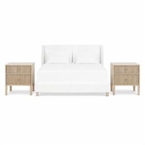 Pemberly Row Set of 3 White Wingback Queen Bed and 2 Fluted Oak Nightstands