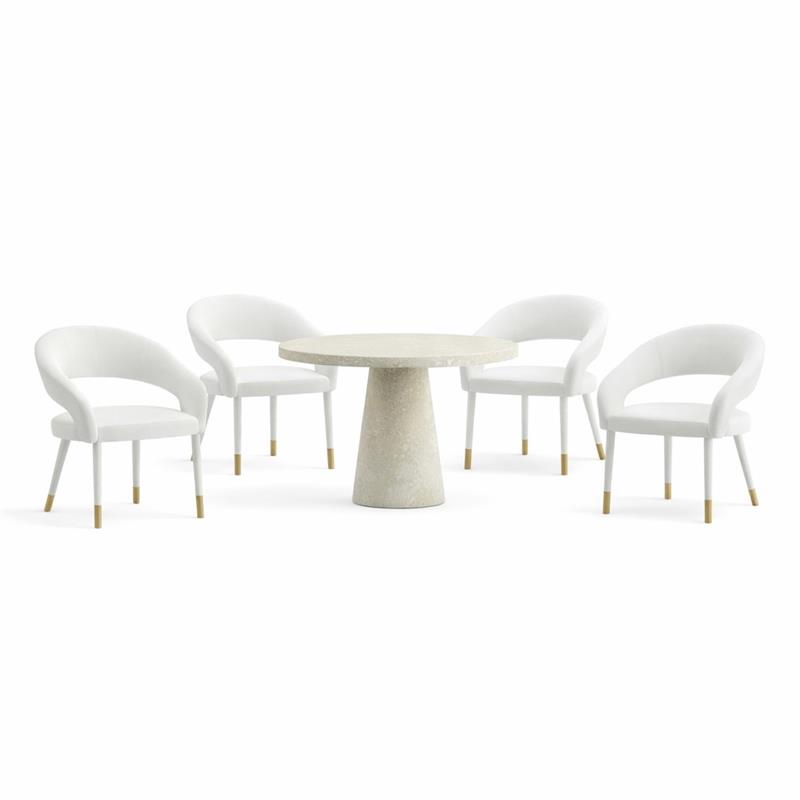Pemberly Row Set of 5 Travertine Table and 4 Off White Vegan Leather Chairs