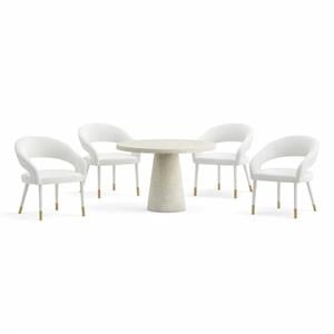 Pemberly Row Set of 5 Travertine Table and 4 Off White Vegan Leather Chairs