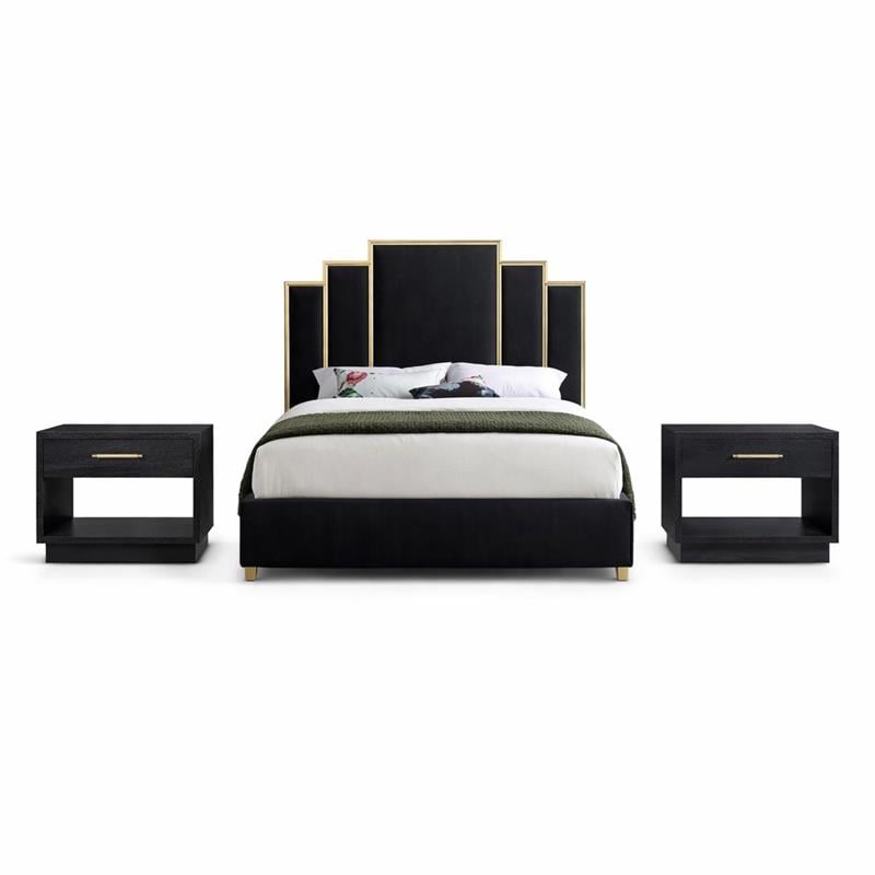 Pemberly Row Set of 3 Black Velvet King Bed and 2 Black Ash Nightstands