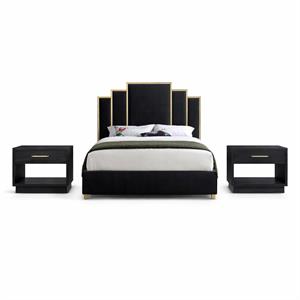 Pemberly Row Set of 3 Black Velvet King Bed and 2 Black Ash Nightstands