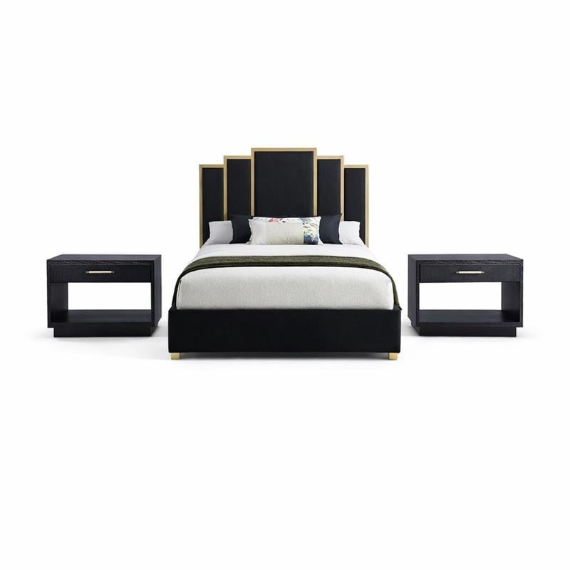 Pemberly Row Set of 3 Black Velvet Queen Bed and 2 Black Ash Nightstands