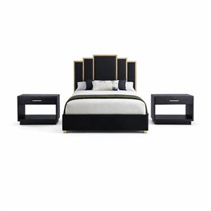 Pemberly Row Set of 3 Black Velvet Queen Bed and 2 Black Ash Nightstands