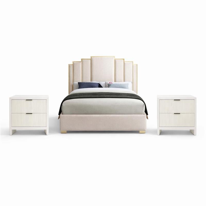 Pemberly Row Set of 3 Cream Velvet King Bed and 2 Fluted Cream Nightstands