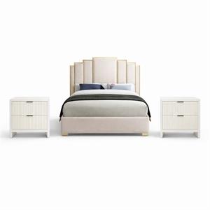 Pemberly Row Set of 3 Cream Velvet King Bed and 2 Fluted Cream Nightstands