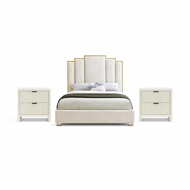 Pemberly Row Set of 3 Cream Velvet Queen Bed and 2 Fluted Cream Nightstands