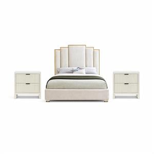 Pemberly Row Set of 3 Cream Velvet Queen Bed and 2 Fluted Cream Nightstands