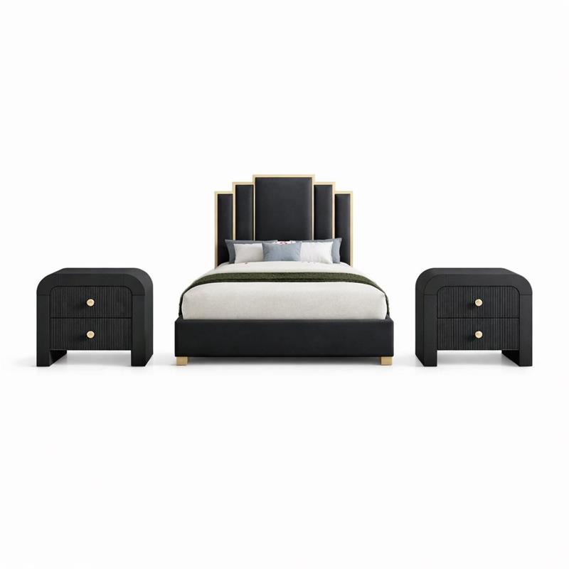 Pemberly Row Set of 3 Dark Gray Velvet King Bed and 2 Black Nightstands