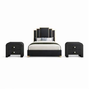 Pemberly Row Set of 3 Dark Gray Velvet King Bed and 2 Black Nightstands