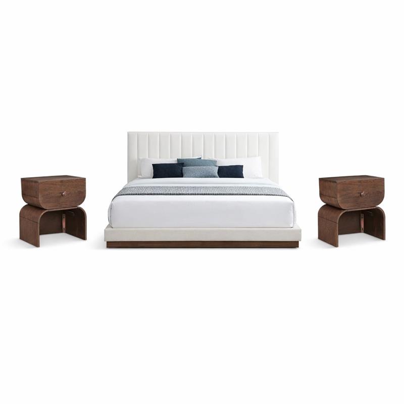 Pemberly Row Set of 3 Cream Chenille King Bed and 2 Walnut Oak Nightstands