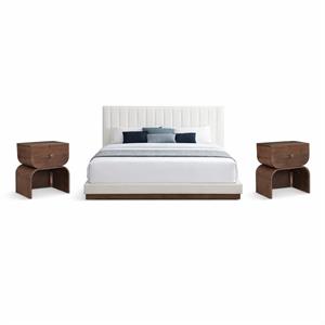 Pemberly Row Set of 3 Cream Chenille King Bed and 2 Walnut Oak Nightstands