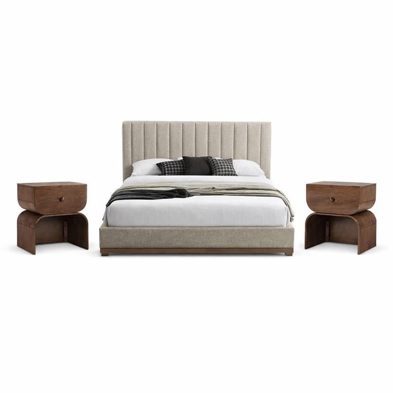 Pemberly Row Set of 3 Beige Chenille King Bed and 2 Walnut Oak Nightstands