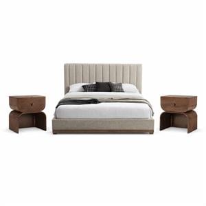 Pemberly Row Set of 3 Beige Chenille King Bed and 2 Walnut Oak Nightstands