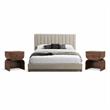 Pemberly Row Set of 3 Beige Chenille King Bed and 2 Walnut Oak Nightstands