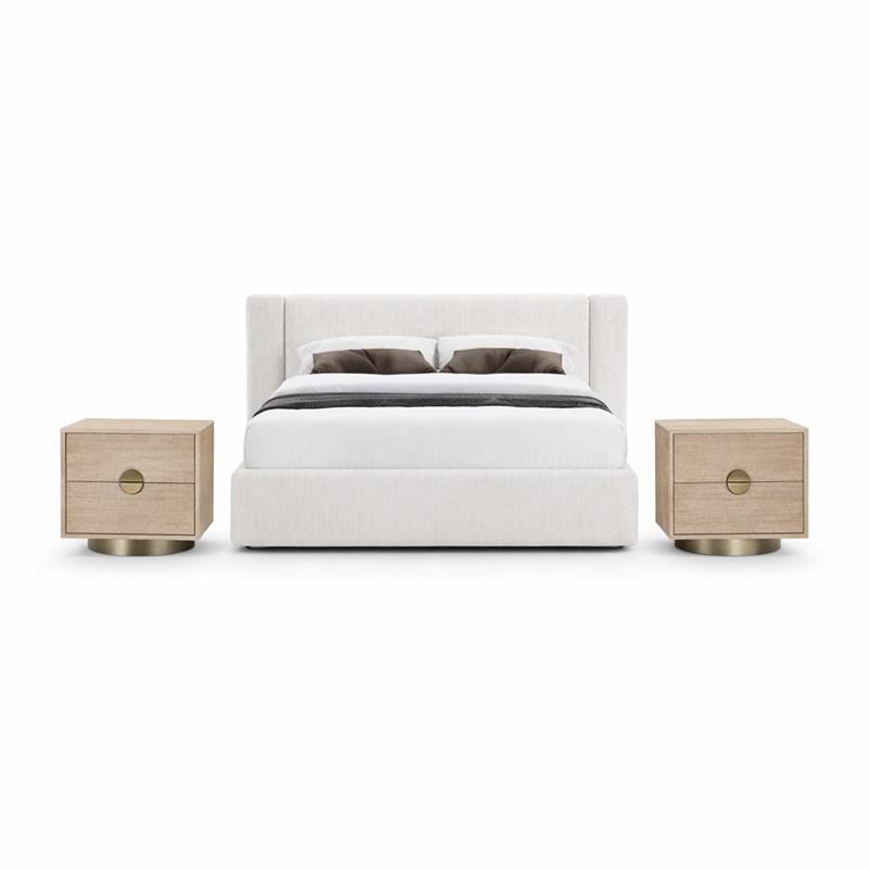 Pemberly Row Set of 3 Cream Chenille Full Bed and 2 Natural Oak Nightstands