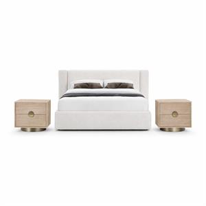 Pemberly Row Set of 3 Cream Chenille Full Bed and 2 Natural Oak Nightstands