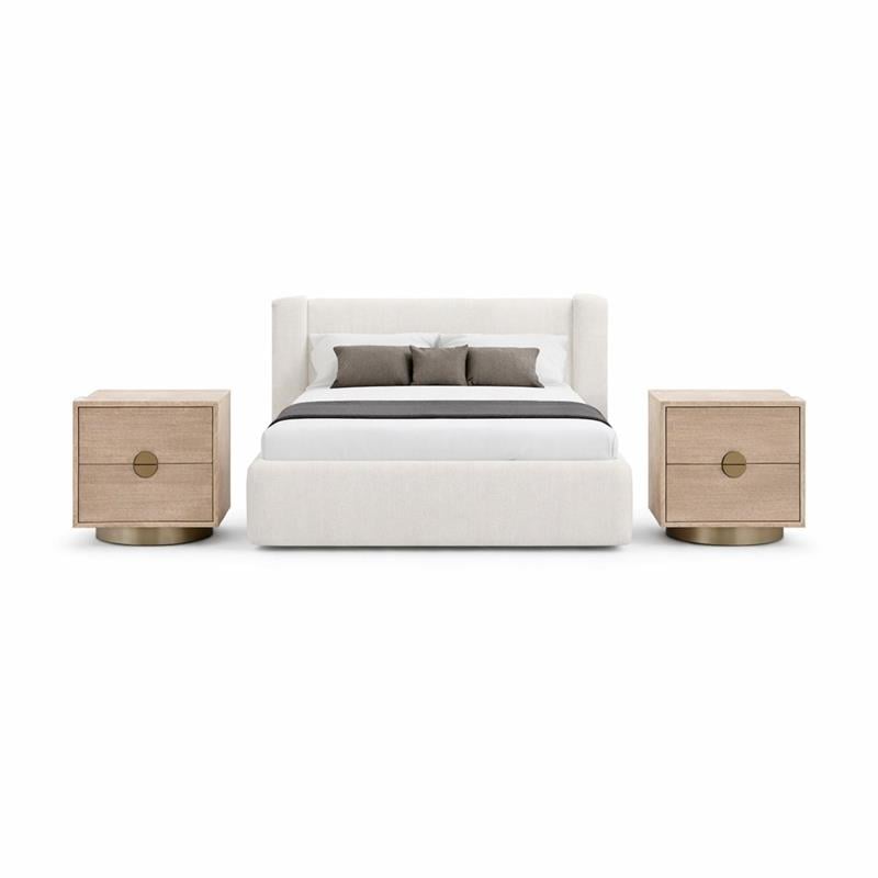 Pemberly Row Set of 3 Cream Chenille Queen Bed and 2 Oak Nightstands