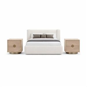 Pemberly Row Set of 3 Cream Chenille Queen Bed and 2 Oak Nightstands