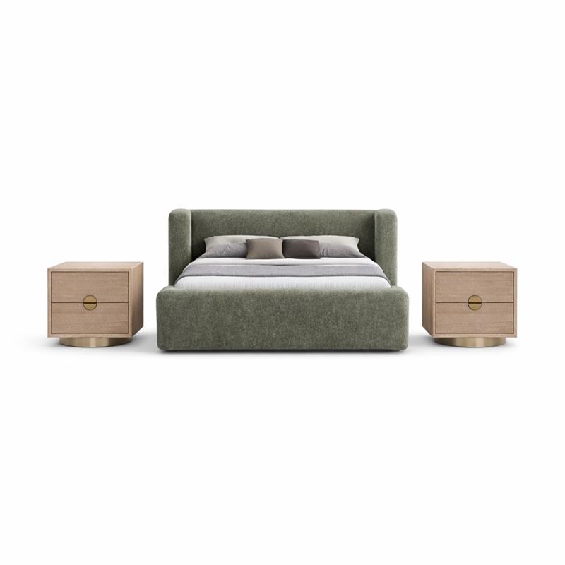 Pemberly Row Set of 3 Green Chenille Full Bed and 2 Natural Oak Nightstands