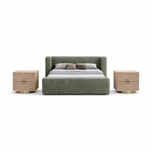Pemberly Row Set of 3 Green Chenille Full Bed and 2 Natural Oak Nightstands