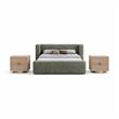 Pemberly Row Set of 3 Green Chenille Full Bed and 2 Natural Oak Nightstands