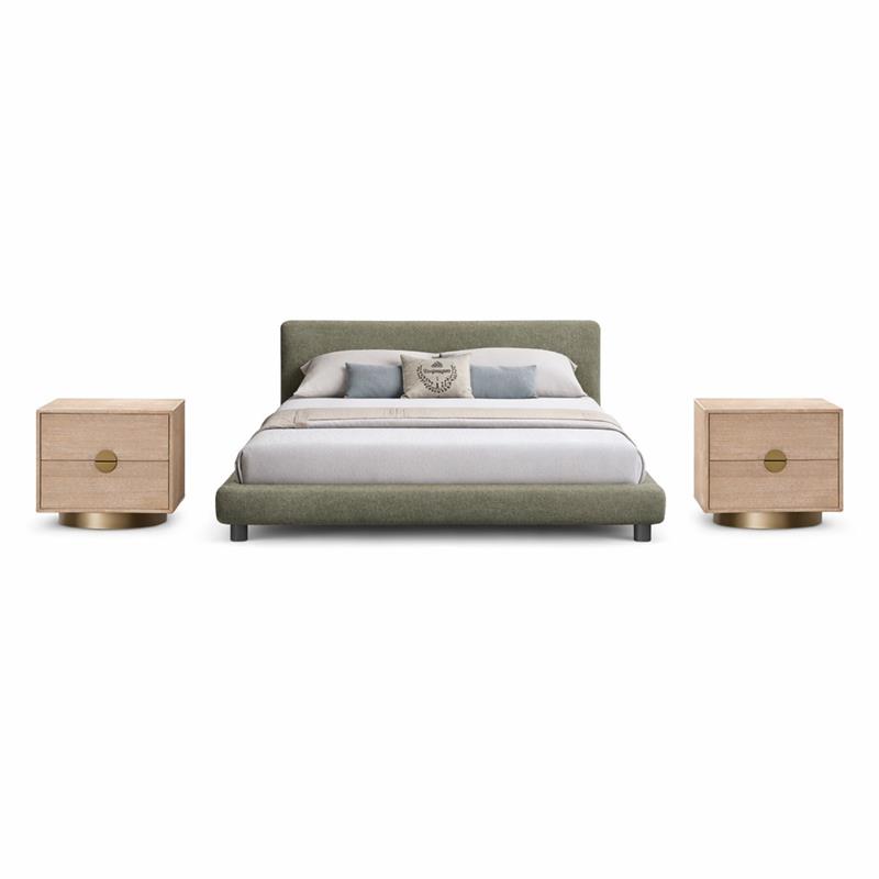 Pemberly Row Set of 3 Green Chenille King Bed and 2 Natural Oak Nightstands