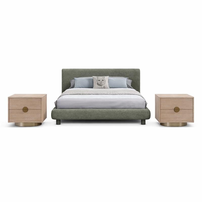 Pemberly Row Set of 3 Green Chenille Queen Bed and 2 Oak Nightstands